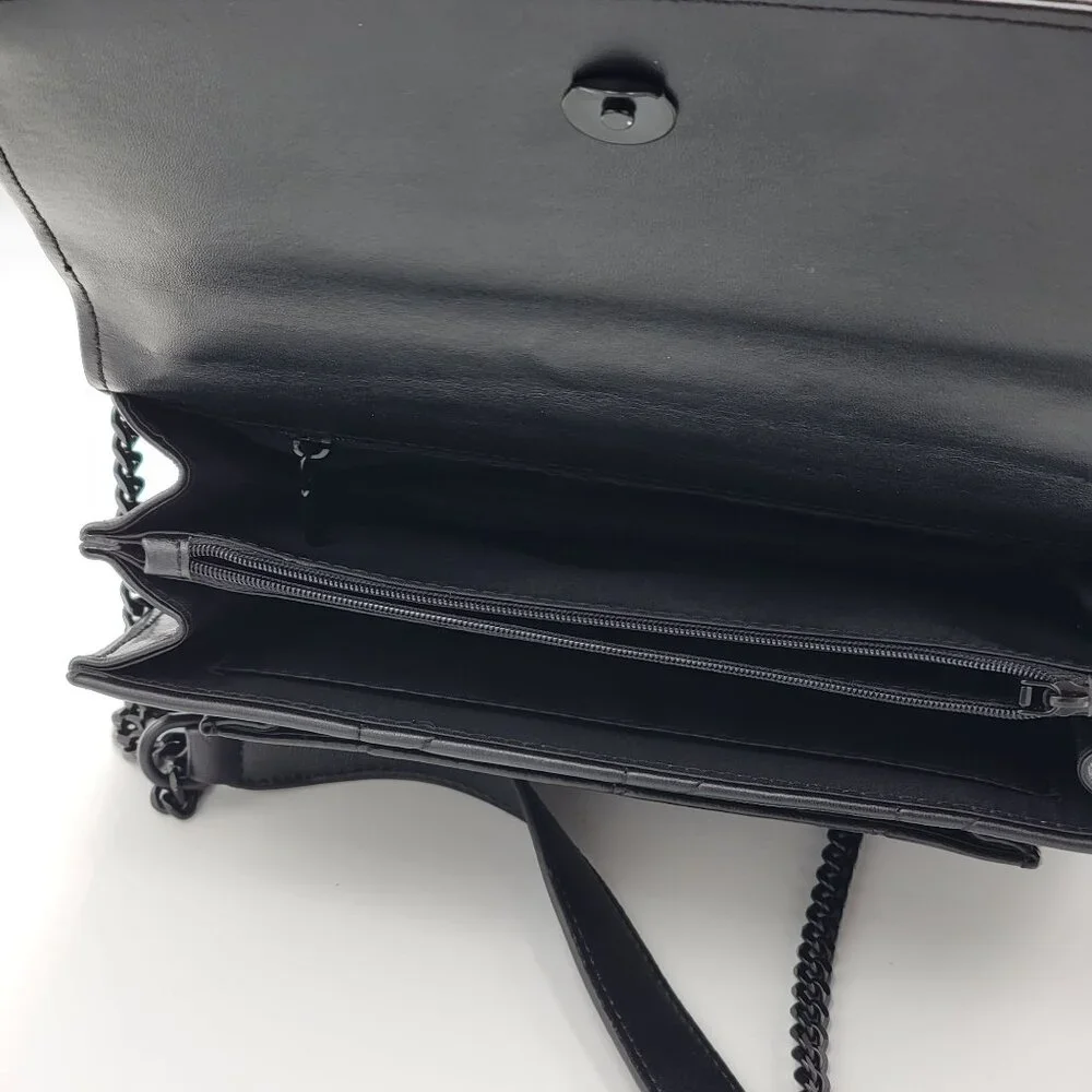 Black Quilted Genuine Leather Crossbody Bag With Chain Strap & Magnetic Closure - Picture 4 of 12